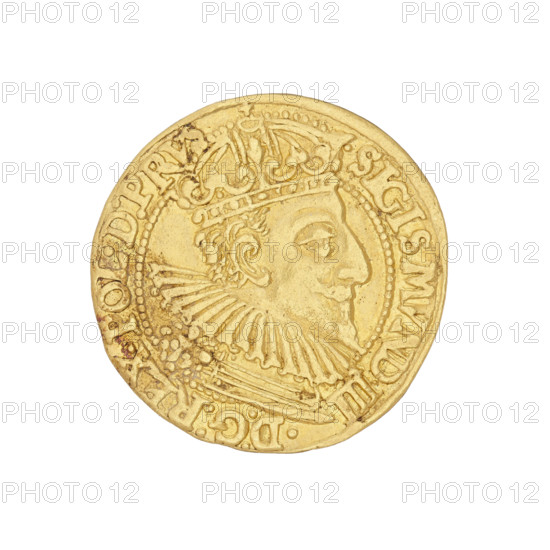 Ducat (1595). Maker: Filip Klüwer (fl. 1588–1601). Obverse: in a beaded border a bust of King Sigismund III Vasa in crown and armor, with a lying ruff and a lion's head on his shoulder, interrupting the legend .SIGISMVND.III .D:G:REX.POL.D:PRVS. Reverse: in a beaded border two lions supporting a shield with the coat of arms of Gdansk, above it a monogram with the letters P, K. Around the rim: .MONE.NO.AVR.CIVI.GEDANENSIS.95. Mint master's mark at the top of the rim — a hand with a dagger. Medium: silver coin. Weight: 3.46 g. Axis: 90°. Place: Gdansk, Poland.