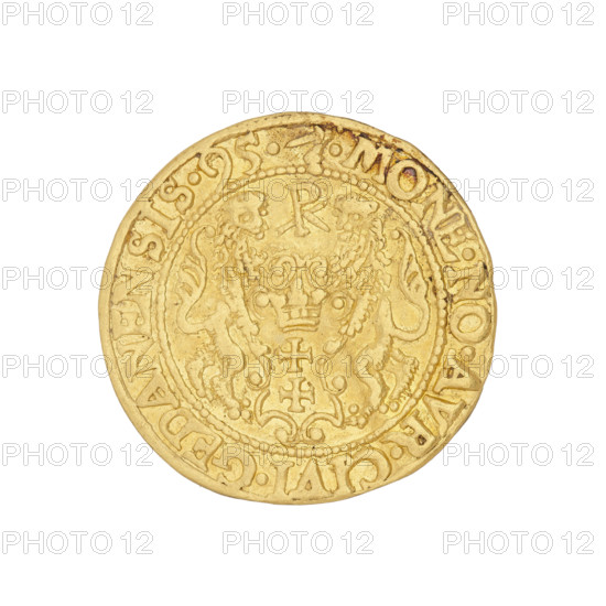 Ducat (1595). Maker: Filip Klüwer (fl. 1588–1601). Obverse: within a beaded border, a bust of King Sigismund III Vasa in crown and armor, with a lying ruff and a lion's head on his shoulder, interrupting the legend: SIGISMVND.III .D:G:REX.POL.D:PRVS. Reverse: within a beaded border, two lions supporting a shield with the coat of arms of Gdansk; above it a monogram with the letters P, K. Around the rim: MONE.NO.AVR.CIVI.GEDANENSIS.95. Mint master's mark on the rim: a hand with a dagger. Materials/function: Polish coin, weight 3.46 g, axis 90 degrees. Location/mint: Gdansk, Poland.