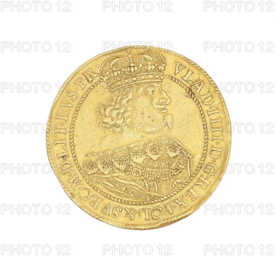 Gdansk half-thaler in gold - 4 ducats, Wladyslaw IV Vasa (king of Poland; 1632–1648), maker: Gerhard Rogge (fl. 1639–1657). Obverse: in a corded border the bust of the king to right wearing a crown and decorative armour, with a lace collar and the Order of the Golden Fleece, interrupted at the top by rim inscription 'VLAD.IIII.DGREX.POL.&SVEC.MDLIT.RVS.PR.' Reverse: in a corded border an oval shield with the coat of arms of Gdansk held by two lions; above the shield two palm branches in a wreath interrupt the rim inscription 'MONETA NOVA CIVITATIS GEDANENSIS'; on the sides the letters G - R; in a cartouche at the bottom the date 1641. 1641; Poland, Gdansk; coin; weight 13.82 g.