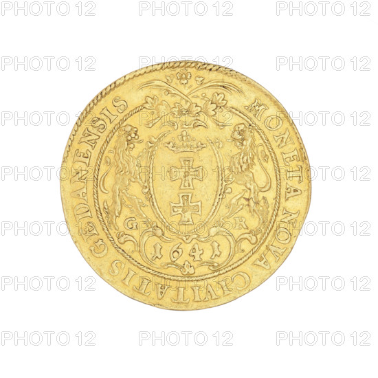 Gdansk half-thaler in gold - 4 ducats, Wladyslaw IV Vasa (king of Poland; 1632–1648), Rogge, Gerhard (fl. 1639–1657). Obv.: in a corded border the bust of the king facing right wearing a crown and decorative armour, with a lace collar and the Order of the Golden Fleece, interrupted at the top by rim inscription: VLAD.IIII.DGREX.POL.&SVEC.MDLIT.RVS.PR. Reverse: in a corded border an oval shield with the coat of arms of Gdansk held by two lions, at the bottom in a cartouche the date 1641, on the sides the letters G - R. Above the shield two palm branches in a wreath interrupt the rim inscription: MONETA NOVA CIVITATIS GEDANENSIS. 1641. Poland, Gdansk. Coin, weight 13.82 g.