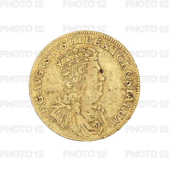 Crown ducat, maker: Goedecke, Johan Georg (1750–1753). Issued under August III Sas (King of Poland, Elector of Saxony; 1696–1763). Leipzig, 1752. Obverse: bust of the king turned right, wearing a crown, wig and mantle, with the Order of the Golden Fleece on his chest; rim inscription: DGAVGVSTVS III.REX POLONIARUM. Reverse: beneath a crown, a round five-field shield with the coats of arms of Poland, Lithuania, and Saxony; flanked by two palm leaves; at the bottom the letters IGG. Rim inscription: SAC.ROM.IMP.ARCHIM.ET ELECT. Weight: 3.31 g. Type: coin (crown ducat).