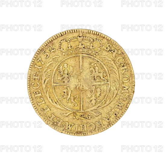 Crown ducat, Goedecke, Johan Georg (1750–1753); August III Sas (King of Poland; Elector of Saxony; 1696–1763). Leipzig, 1752. Obverse: bust of the king turned right, wearing a crown, wig, and mantle, with the Order of the Golden Fleece on his chest; rim inscription: DG AVGVSTVS III. REX POLONIARUM. Reverse: under a crown, a round five-field shield with the coats of arms of Poland, Lithuania, and Saxony; flanked by two palm leaves; at the bottom the letters IGG; inscription around the rim: SAC. ROM. IMP. ARCHIM. ET ELECT. Weight: 3.31 g. Coin; Saxony–Poland.