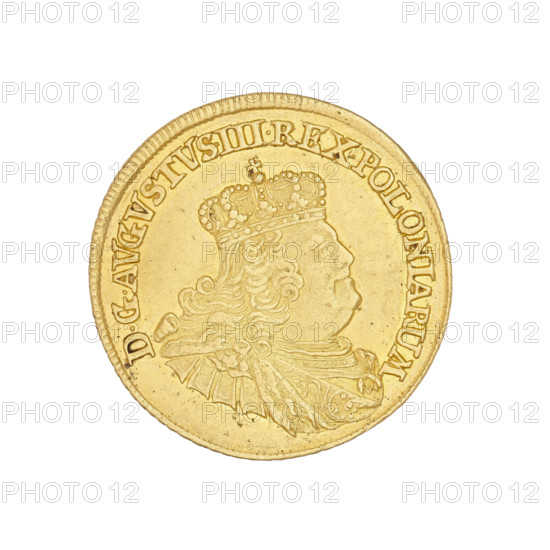 Crown ducat, August III Sas (King of Poland; 1733–1763), Croll, Ernest Dietrich (fl. 1753–1763), August III Sas (King of Poland; Elector of Saxony; 1696–1763), Leipzig (Germany), Saxony, Polish coins, crowns. Obv.: bust of the king turned right, in a crown, wig and mantle, with the Order of the Golden Fleece on his chest, divided at the bottom by a rim inscription: DGAVGVSTVS.III.REX.POLONIARUM. Rev.: under the crown, a five-field shield with the coats of arms of Poland, Lithuania and Saxony, palm leaves on the sides, letters EDC at the bottom, in the rim: SAC.ROM.IMP.ARCHIM.ET ELECT.1756. 1756. Coin, weight 3.46 g.