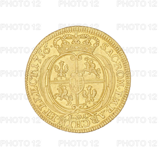 Crown ducat, August III Sas (King of Poland; 1733–1763), Croll, Ernest Dietrich (fl. 1753–1763), August III Sas (King of Poland; Elector of Saxony; 1696–1763). Obv.: bust of the king turned right, in a crown, wig and mantle, with the Order of the Golden Fleece on his chest, divided at the bottom by a rim inscription: DGAVGVSTVS.III.REX.POLONIARUM. Rev.: under the crown, a five-field shield with the coats of arms of Poland, Lithuania and Saxony, palm leaves on the sides, letters EDC at the bottom, in the rim: SAC.ROM.IMP.ARCHIM.ET ELECT.1756. Date: 1756. Place: Leipzig, Saxony-Poland. Medium: coin. Weight: 3.46 g.