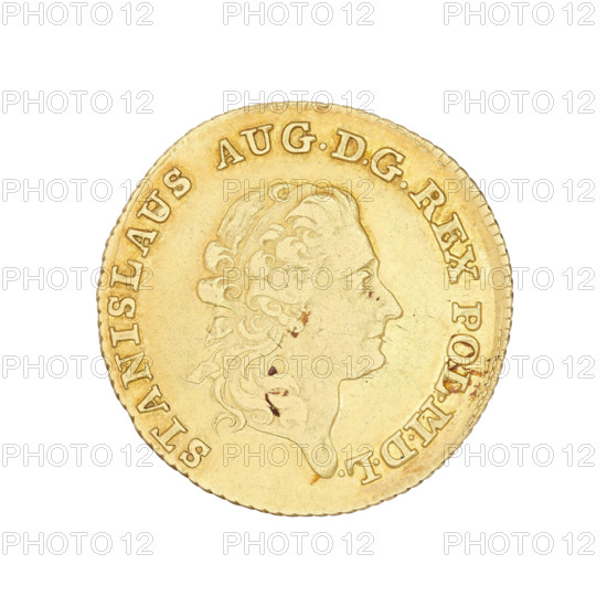 One and a half Crown ducats, Stanislaw August Poniatowski (King of Poland; 1764–1795), Stanislaw August Poniatowski (King of Poland; 1732–1798). Obverse: head of the king turned right with a headband in his hair, around the rim: STANISLAUS AUG.DGREX POL.MDL. Reverse: in a wreath of two laurel branches the coats of arms of Poland and Lithuania in oval shields, below them the coat of arms of the Ciolek Poniatowski family. A crown above the wreath, below the face value 1 1/2, in the rim AUREUS 1794 POLONIAE. Date: 1794. Place: Warsaw, Poland. Object: coin, weight 6.13 g.