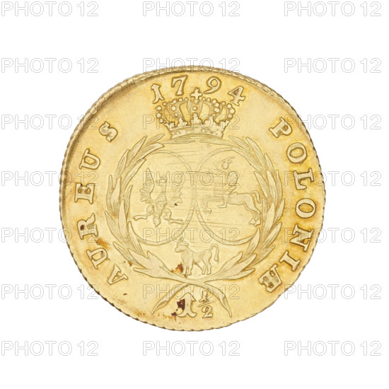 One and a half Crown ducats, Stanislaw August Poniatowski (King of Poland; 1764–1795), Stanislaw August Poniatowski (King of Poland; 1732–1798). Obverse: head of the king turned right with a headband in his hair, around the rim: STANISLAUS AUG.DGREX POL.MDL. Reverse: in a wreath of two laurel branches the coats of arms of Poland and Lithuania in oval shields, below them the coat of arms of the Ciolek Poniatowski family; a crown above the wreath, below the face value 1 1/2, in the rim AUREUS 1794 POLONIAE. 1794, Warsaw, Poland. Coin; weight 6.13 g.