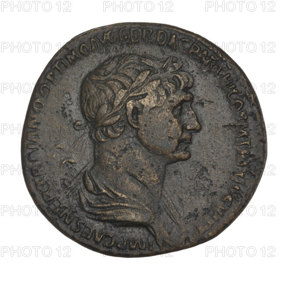 Sestertius, Trajan (53–117; Roman emperor 98–117). Obverse: bust of Trajan with laurel wreath and drapery to the right; beaded border; rim inscription: IMP CAES NER TRAIANO OPTIMO AVG GER DAC PARTHICO PM TR P COS VI PP. Reverse: Providentia standing facing left, holding a baton above a globe in her right hand and a long scepter resting on a column in her left; rim inscription: PROVIDENTIA AVGVSTI SPQR, with letters SC on both sides. Date: 116–117. Roman Empire; Rome. Coin; weight 24.20 g.
