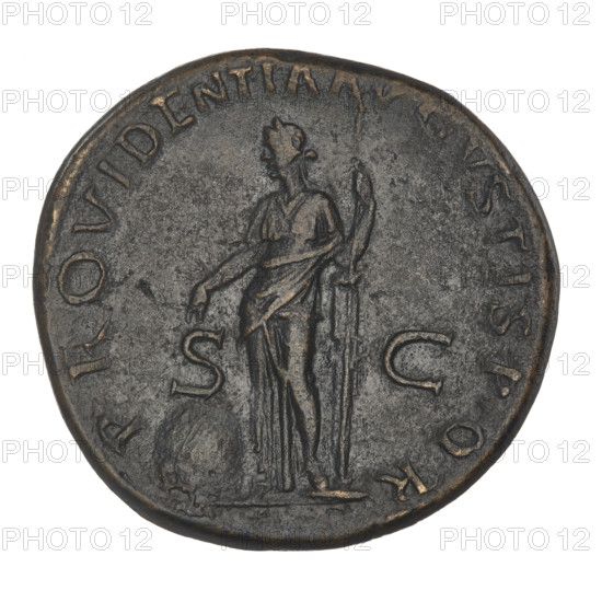 Sestertius, Trajan (53–117; Roman emperor 98–117). Obverse: bust of Trajan with laurel wreath and drapery to the right; beaded border; rim inscription: IMP CAES NER TRAIANO OPTIMO AVG GER DAC PARTHICO PM TR P COS VI PP. Reverse: Providentia standing facing left, right hand holding a baton above a globe, left hand resting on a column holding a long scepter; rim inscription: PROVIDENTIA AVGVSTI SPQR; letters SC on both sides. Date: 116–117. Roman Imperial coin, Rome. Weight: 24.20 g.