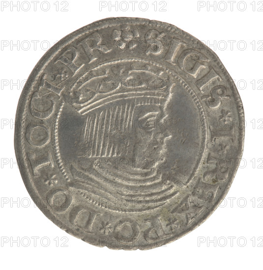 Gdansk grosz, Sigismund I the Old (King of Poland; 1467–1548), grosz, Gdansk (Pomeranian Voivodeship), Jagiellonians (dynasty), royal crown (iconography), coats of arms, minting of coins, Poland, eagles, royal bust (iconography), Polish coin, male bust, Sigismund I the Old — iconography, city coat of arms of Gdansk. Obv.: Crowned male bust in profile turned right; rim between pearly borders with inscription '.SIGIS.I.REX.PO.DO.TOCI.PR'. Rev.: Coat of arms of Gdansk; rim between pearl borders with inscription '.GROSSVS.CIVI.DANCZ.1531'. Date: 1531. Axis: 270 degrees.