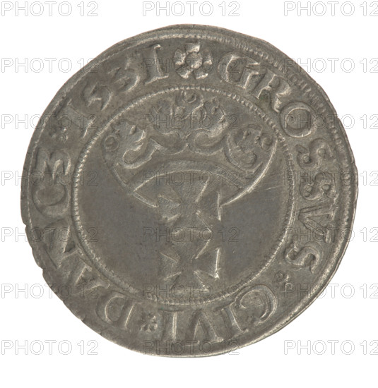 Gdansk grosz, Sigismund I the Old (King of Poland; 1467–1548), grosz coin, Gdansk, 1531. Obverse: Crowned male bust in profile turned to the right; rim inscription: .SIGIS.I.REX.PO.DO.TOCI.PR. Reverse: Coat of arms of Gdansk; rim inscription: .GROSSVS.CIVI.DANCZ.1531. Features: royal crown and eagles iconography, city coat of arms, pearly border, axis 270 degrees; Jagiellonians dynasty association; Polish coin, male bust iconography.