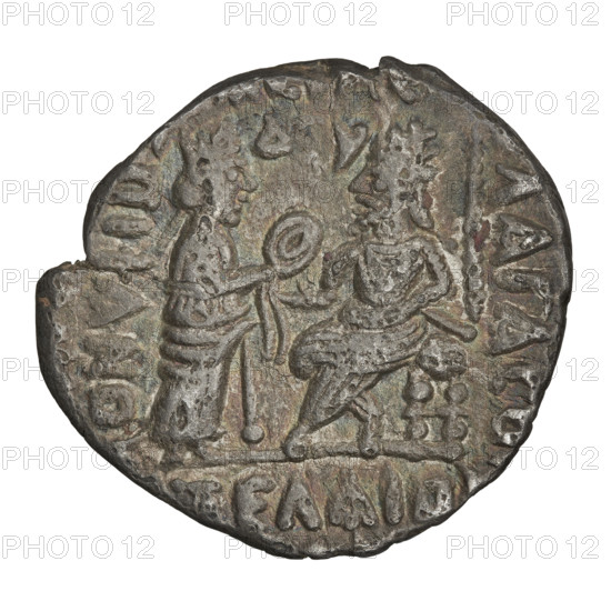 Tetradrachm of Vologases IV (king of the Parthians; reign 147–191). Obverse: diademed head of Vologases IV facing left, right B. Reverse: Vologases IV seated on a throne facing left; before him the goddess Tyche standing right with a wreath; date marked at the top. Parthian Kingdom, Seleucia on the Tigris (Iran). Coin. Diameter 26.5–27.5 mm; weight 13.40 g.