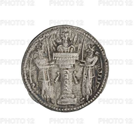 drachma, Shapur II (ruler of Persia; 309–379). Obv.: Bust of Shapur II facing right; on his head is a crown topped with a korymbos. Pahlavi inscription. Rev.: Burning altar, in its flames a male bust facing right; on the sides stand two male figures facing each other, both holding swords; pearl rim. Pahlavi inscription. 309–379, Persia. Coin: diameter 22.0–22.5 mm, weight 3.67 g.