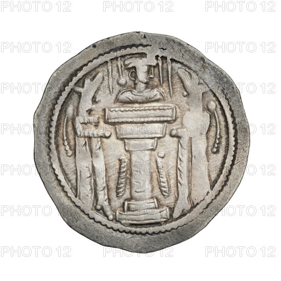 drachma, Shapur II (ruler of Persia; 309–379), busts, crowns, Iran, korymbos, Persia, fire altar, Sassanid art, Sassanid Kingdom. Obv.: Bust of Shapur II wearing a crown topped with a korymbos, face turned to the right; Pahlavi inscription. Rev.: Burning altar, in its flames a male bust turned to the right; on the sides stand the king and the priest facing each other, both holding a sword in their hands; pearl rim; Pahlavi inscription. 309–379, Persia, coin; diameter 26.0 × 26.5 mm, weight 4.00 g.