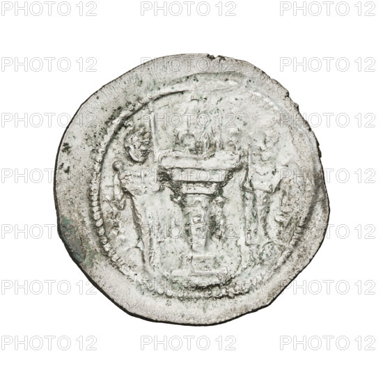 Drachma of Yazdegerd I (ruler of Persia, 399–420). Obverse: bust of Yazdegerd I facing right, wearing a crown with a korymbos and a crescent; Pahlavi inscription. Reverse: fire altar with the king and a priest facing each other at the sides, both holding barsom; pearl rim; Pahlavi inscription. Sassanid art/style; Sassanid Kingdom, Persia, Iran. Date: 399–420. Coin; diameter 24.0 x 26.0 mm; weight 4.20 g.
