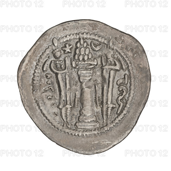 Drachma of Peroz I (ruler of Persia, 459–484). Obverse: bust of Peroz I facing right, wearing a crown with wings; above it a crescent with korymbos; Pahlavi legend. Reverse: fire altar; at left the ruler stretching his hands to a star, at right a priest stretching his hands to a crescent, with signs/monograms on both sides; pearl rim; Pahlavi legend. Sassanid art; Iran/Persia; motifs include wings, busts, altars, crescents, crowns, moons; korymbos. Coin diameter 27.0 × 28.0 mm, weight 4.00 g.