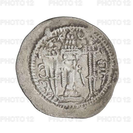 Drachma of Kavadh I (ruler of Persia; 488–496 and 498–531). Obverse: bust of Kavadh I facing right; wearing a crown with a crescent topped by a korymbos; Pahlavi legend. Reverse: fire altar flanked by two male figures (king and priest); star at upper left and crescent at upper right; signs/monograms on both sides; pearl rim; Pahlavi legend. Sassanid art; Sassanid Kingdom; Persia. Coin; diameter 26.5–27.0 mm; weight 3.90 g. WQXBCFS