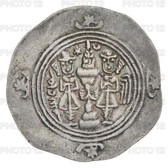 drachma, Kavadh I (ruler of Persia; 488–496 and 498–531), busts, wings, altars, crowns, Iran, Persia, fire altar, Sassanid art, Sassanid Kingdom. Obv.: bust of Kavadh I facing right; on his head a crown decorated with wings and a crescent, outside the rim crescents with a star in the middle. Pahlavi legend. Rev.: Fire altar, on his left the ruler, on his right a priest; on the left, above the fire, a star, on the right a crescent; on both sides signs/monograms; pearl rim. Pahlavi legend. 488–497, 499–531. Persia. Coin: diameter 28.0 mm, weight 4.20 g.