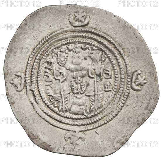 drachma, Chosroes II Parwiz (ruler of Persia; 590–628). Obverse: bust of Chosroes II right, wearing a crown decorated with two wings, a crescent and a star; left of crown a star, right a star in a crescent; beads on the neck and a central triangle of three dots; behind the crown two ribbons; double pearl rim; behind the rim at the bottom and on both sides a crescent with a star; Pahlavi legend. Reverse: fire altar with two guards in Persian costumes shown frontally holding staffs; above the altar a star on the left and a crescent on the right; coin with a triple pearl rim; Pahlavi legend; outside the inner rim four crescents with a star at 3, 6, 9, and 12 o'clock. 590–628, Persia, Sassanid Kingdom (224–651). Coin: diameter 31.5 x 34 mm, weight 4.10 g.