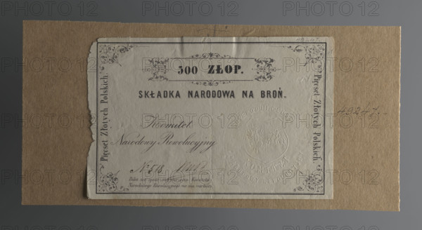 National contribution for weapons; National Government; national contribution for weapons; securities; January Uprising (1863–1864); Kingdom of Poland (1815–1918); Receipt number 518 for 500 Polish zlotys—national contribution for weapons with a dry impression of the seal of the National Revolutionary Committee with a two-field shield bearing the Eagle and the Chaser; 1863; Poland; security; receipt; dimensions 137 × 90 mm WQXBCFS