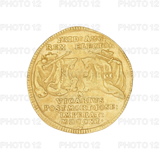 Vicar's ducat, Augustus II the Strong (king of Poland; 1697–1706, 1709–1733), Augustus II the Strong (1670–1733), Saxony, Polish coin, Obv.: Augustus II on horseback, at the bottom a shield with the coats of arms of Poland, Lithuania and Saxony. Rev.: Two tables covered with royal cloaks bearing insignia of power, above and below them a seven-line inscription: FRID:AUG:/ REX ELECTOR/ &/ VICARIUS/ POST MORT:IOSE:/ IMPERAT:/ MDCCXI.; under the inscription, a mining hook sign. 1711, coin, weight 3.44 g