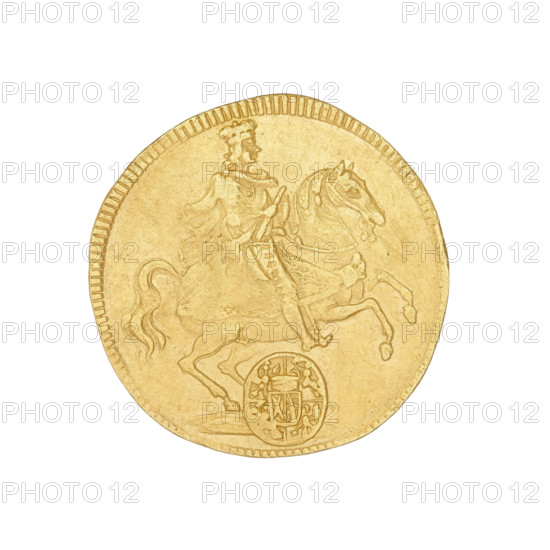 Vicar's ducat, Augustus II the Strong (king of Poland; 1697–1706, 1709–1733), Augustus II the Strong (king of Poland; 1670–1733). Obverse: Augustus II on horseback, at the bottom a shield with the coats of arms of Poland, Lithuania and Saxony. Reverse: Two tables covered with royal cloaks, on them insignia of power; above and below them an inscription in seven lines: FRID:AUG:/ REX ELECTOR/ &/ VICARIUS/ POST MORT:IOSE:/ IMPERAT:/ MDCCXI.; under the inscription, a mining hook sign. 1711. Coin, weight 3.44 g.
