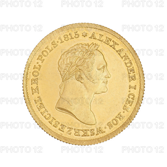 Polish double zloty (50 zloty), 1829. Obverse: Head of Alexander I with inscription around the rim: *ALEXANDER I.CES.ROS.WSKRZESICIEL KRÓL. POLS.1815. Reverse: In a wreath of oak leaves, inscription in three lines: 50/ZLO.POL./1829; under the wreath the letters FH; in the rim an inscription: *MIKOLAY I.CES.WSZ.ROSSYI KRÓL POLSKI PANUIACY. Makers/figures: Nicholas I Pavlovich (Tsar of Russia; 1825–1855), Frederick Hunger (assayer, FH; active 1815–1830), Nicholas I (Emperor of Russia; 1796–1855). Kingdom of Poland (1815–1832), Warsaw. Coin; weight 9.81 g.