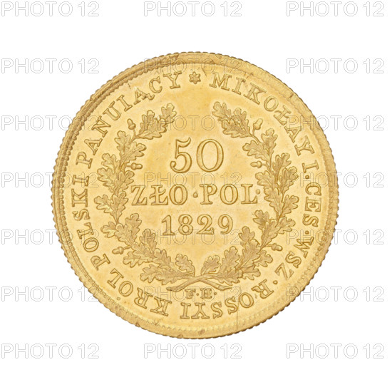 Double zloty (50 zloty), 1829. Obverse: Head of Alexander I, inscription around rim: *ALEXANDER I.CES.ROS.WSKRZESICIEL KRÓL. POLS.1815. Reverse: In a wreath of oak leaves, inscription in three lines: 50/ZLO.POL./1829; under the wreath the letters FH; rim inscription: *MIKOLAY I.CES.WSZ.ROSSYI KRÓL POLSKI PANUIACY. Maker: Frederick Hunger (FH). Material: coin; weight 9.81 g. Associated names/titles: Nicholas I Pavlovich (Tsar of Russia, 1825–1855); Nicholas I (Emperor of Russia, 1796–1855). Kingdom of Poland (1815–1832); Warsaw (Masovian Voivodeship). Type: Polish coin, crowns.