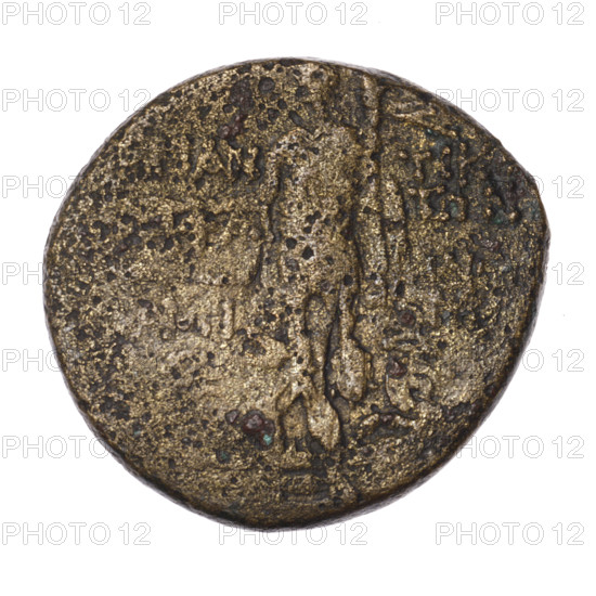 Bronze coin, Pantikapaion; aw: head of Attys in a Phrygian cap decorated with stars and in a laurel wreath facing right, at the top a crescent and a star; rw: Dionysus in a short robe standing 3/4 to the left, holding a bunch of grapes in his right hand, in his left a thyrsus with a ribbon, at the feet of Dionysus a panther sitting to the left with its head turned, in the right field a monogram, an inscription in two rows on the sides; motifs: panthers, grapes, plants, crescent with a star, male head; iconography: Attys, Dionysus, Men; style/period: Cimmerian Bosporus, Pantikapaion, 1st quarter of the 1st century BC (95–65 BC); coin; weight 18.15 g; dimensions 28.8 × 31.3 mm.
