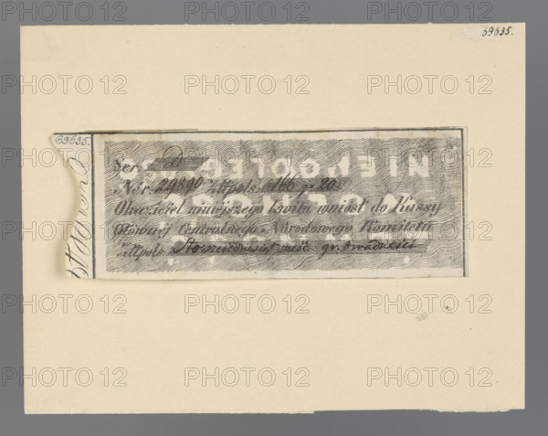 Receipt of the Central National Committee, National Government; bearer receipt of the Main Cashier of the Central National Committee, series D no. 29890, issued for the sum of 166 zlotys and 20 groszy, January Uprising (1863–1864), Kingdom of Poland (1815–1918). On the reverse: two ink prints of seals of the National Government, Department of the Administration of the Provinces of Lithuania — one with an eagle and pursuit, the other with the motto 'Equality, Freedom, Independence' and two hands in a handshake. Signed with initials 'EM', 1863. Receipt/security; dimensions 250 × 1141 mm.