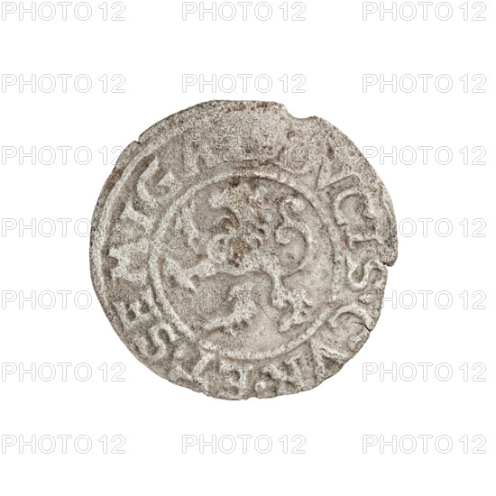 szelag, Gotard Kettler (Duke of Courland and Semigallia; 1561–1587), emblems, Kettlers (family), Kettler (coat of arms), monogram under a crown (iconographic), Lion of Courland (coat of arms), monograms. Obverse: crowned monogram composed of the letters SA inscribed in the Kettler family coat of arms (cauldron hook). Above the date numeral 76. In the rim between the borders an inscription beginning with a rosette MONE.NOVA.ARGE. Reverse: Lion of Courland. In the rim between the borders an inscription DVCIS.CVR.ET.SEMIGAL, 1576. Duchy of Courland and Semigallia, Mitawa, coin, weight 0.86 g