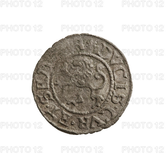 szelag, Gotard Kettler (Duke of Courland and Semigallia; 1561–1587), emblems, Kettlers (family), monogram under the crown (iconographic), Kettler (coat of arms), Lion of Courland (coat of arms), monograms. Obv.: Crowned monogram composed of the letters SA inscribed in the Kettler family coat of arms (boiler hook). Above the date numeral 76. On the rim, between the borders, an inscription beginning with a rosette MONE.NOVA, ENTE. Rev.: Lion of Courland. In the rim between the borders an inscription beginning with a rosette DVCIS.CVR.ET.SEM, 1576. Duchy of Courland and Semigallia, Mitawa, coin, weight 0.74 g, axis 180 degrees.