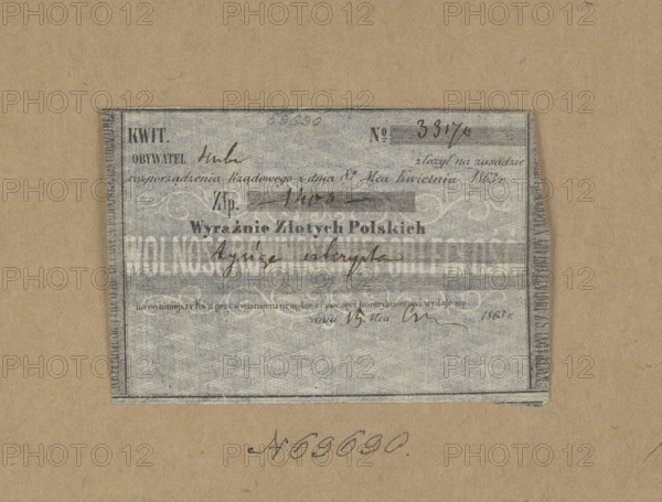 Nominal receipt No. 33170 issued in the name of Hube for the amount of 1,400 zloty on June 15, 1863; nominal receipt of the National Government during the January Uprising (1863–1864), Kingdom of Poland (1815–1918). On the reverse, a round seal of the Central National Committee with a two-part shield under a crown. 1863. Security/receipt. Dimensions: 1.96 mm × 2.64 mm.