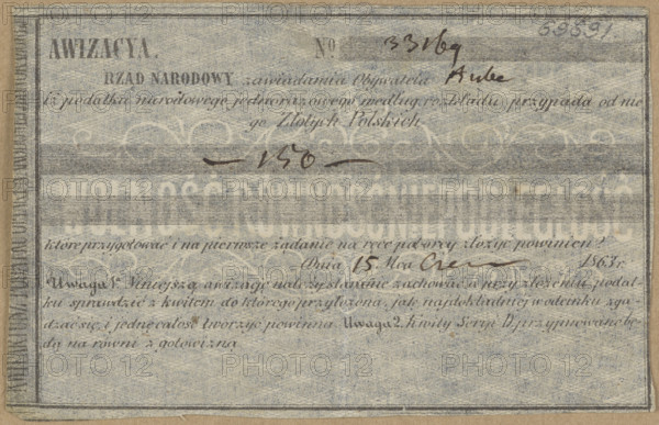 National tax notice from the National Government concerning securities and personal receipts related to the January Uprising (1863–1864). Notice no. 33169: notification, without receipt, that the resident of Hube must pay a one-off national tax of 1,500 zloty to the collector on June 15, 1863. Dated 1863, Warsaw, Kingdom of Poland (1815–1918). Dimensions: 1,102 mm × 2.66 mm.