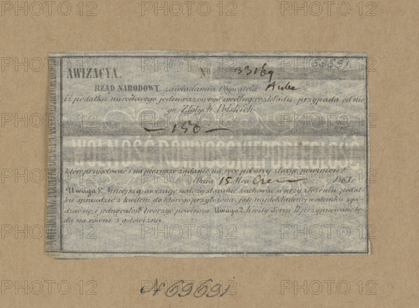 National tax notice; National Government; securities; National Government notice; January Uprising (1863–1864); personal receipts; Kingdom of Poland (1815–1918); Notice no. 33169; notification, without receipt, of the National Government regarding the fact that the resident of Hube should pay a one-off national tax of 1,500 zloty to the collector on June 15, 1863; 1863; Warsaw, Poland; security; receipt; dimensions 1,102 mm × 2,66 mm