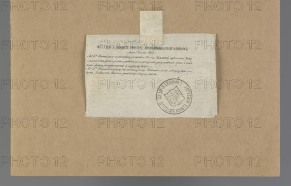National tax notice; National Government; securities; National Government notice; January Uprising (1863–1864); personal receipts; Kingdom of Poland (1815–1918); Notice no. 33169; notification, without receipt, of the National Government regarding the fact that the resident of Hube should pay a one-off national tax of 1,500 zloty to the collector on June 15, 1863; 1863; Warsaw, Poland; security; receipt; dimensions: 1,102 mm × 2.66 mm