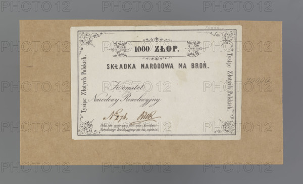 National contribution for weapons, securities, National Government, national contribution for weapons, January Uprising (1863–1864), Kingdom of Poland (1815–1918), Receipt number 276 for 1000 Polish zlotys — national contribution for weapons with a dry impression of the seal of the National Revolutionary Committee with a two-field shield with the Eagle and the Chaser, 1863, Poland, security; dimensions: 138 mm × 92 mm