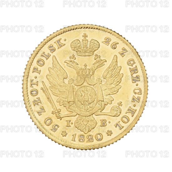 Polish double zloty (50 zloty), 1820. Obverse: Head of Alexander I facing right; rim inscription: *ALEKSANDER I. EMPEROR OF THE SACRED RUSSIA. KING OF POLAND*. Reverse: Under a crown a Russian eagle holding a sword and royal orb; within, behind uncovered curtains, a Polish eagle. Below the eagle the letters I.-B.; around the rim inscription: *26 Z GRZ.CZ.KOL - 50 ZLOT.POLSK.* Maker: Benik, Jakub (1772–1827). Iconography: Alexander I (1777–1825). Kingdom of Poland (1815–1832). Coin, Warsaw; weight 9.81 g.