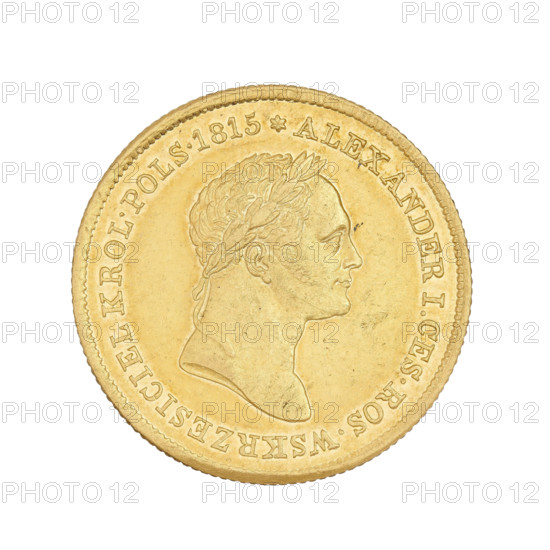 Coin: 50 Polish Zloty, Hunger, Frederick (ca. 1786–1844), Nicholas I Pavlovich (Tsar of Russia; 1825–1855), Nicholas I (Emperor of Russia; 1796–1855), Alexander I (Emperor of Russia; 1777–1825) — iconography, Warsaw (Masovian Voivodeship), Kingdom of Poland (1815–1918), Polish coin, crowns. Obverse: Head of Alexander I to the right; inscription around the rim: ALEKSANDER I. CES.RUS.WSCREWISCIEL KING OF POLAND. 1815. Reverse: In a wreath of oak leaves, inscription in three lines: 50/ZLO.POL./1827; under the branches, the letters F. - H.; inscription in the rim: MIKOLAY I. CES.WSZ.ROSSYI KING OF POLAND REIGNING. 1827. Poland, Warsaw; weight 9.77 g.