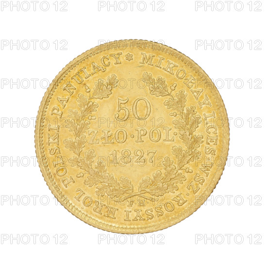 Coin: 50 Polish Zloty, Hunger, Frederick (ca. 1786–1844), Nicholas I Pavlovich (Tsar of Russia; 1825–1855), Nicholas I (Emperor of Russia; 1796–1855), Alexander I (Emperor of Russia; 1777–1825) — iconography; Warsaw (Masovian Voivodeship), Kingdom of Poland (1815–1918); Polish coin; crowns. Obverse: Head of Alexander I to the right, inscription around the rim: 'ALEKSANDER I. CES.RUS.WSCREWISCIEL KING OF POLAND. 1815'. Reverse: In a wreath of oak leaves, inscription in three lines: '50 / ZLO.POL. / 1827'; under the branches, the letters 'F. - H.'; inscription in the rim: 'MIKOLAY I. CES.WSZ.ROSSYI KING OF POLAND REIGNING, 1827'. Poland, Warsaw; coin; weight 9.77 g.