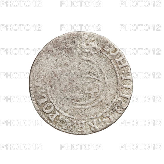 One and a half, Fryderyk Kazimierz Kettler (Duke of Courland and Semigallia; 1682–1698), Kettlers (family). Obverse: under the ducal mitre a six-field coat of arms shield; on both sides of the shield date numerals “9”; rim inscription divided by the mitre and the value numeral: '3 FRID:CAS:IN T:S:D'. Reverse: royal orb with a cross; lower part of the orb bears the numerals '24'; rim inscription divided by a cross: 'IOH:III:DGREX.POL.', 1689. Duchy of Courland and Semigallia, Mitawa. Coin; weight 1.06 g; axis 180 degrees.
