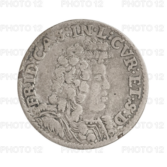 Obverse: In the border a male bust in armor and a wig turned to the right, separating the inscription in the rim 'FRID:CAS:IN.L:CVR:ET.S:D:'. Reverse: In the border, in a heraldic bow, under the ducal mitre coats of arms with the White Eagle and Pogon; between them at the bottom the value numeral 'VI'. In the rim an inscription divided by a mitre, ending with an armed arm 'MONETA DVCIS CVRLAND:1694'. Frederick Casimir Kettler (Duke of Courland and Semigallia; 1650–1698) — iconography. 1694. Duchy of Courland and Semigallia, Mitawa. Coin, weight 3.00 g. Male bust in armor, portraits in parade armor, coats of arms.