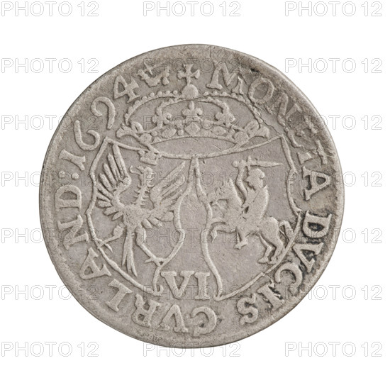 Obverse: In the border a male bust in armor and a wig turned to the right, separating the inscription in the rim FRID:CAS:IN.L:CVR:ET.S:D:. Reverse: In the border, in a heraldic bow under the ducal mitre, coats of arms with the White Eagle and Pogon; between them at the bottom the value numeral VI. In the rim an inscription divided by a mitre, ending with an armed arm MONETA DVCIS CVRLAND:1694. 1694. Maker: Hille Gustav Adolf Wieczorek (fl. 1694). Subject: Fryderyk (Frederick) Casimir Kettler (Duke of Courland and Semigallia; 1650–1698). Type: coin from the Duchy of Courland and Semigallia, Mitawa. Material/weight: coin, 3.00 g. Iconography: princely bust in armor, coats of arms (White Eagle, Pogon), shields, portraits of the ruler facing right, portraits in parade/rich armor.