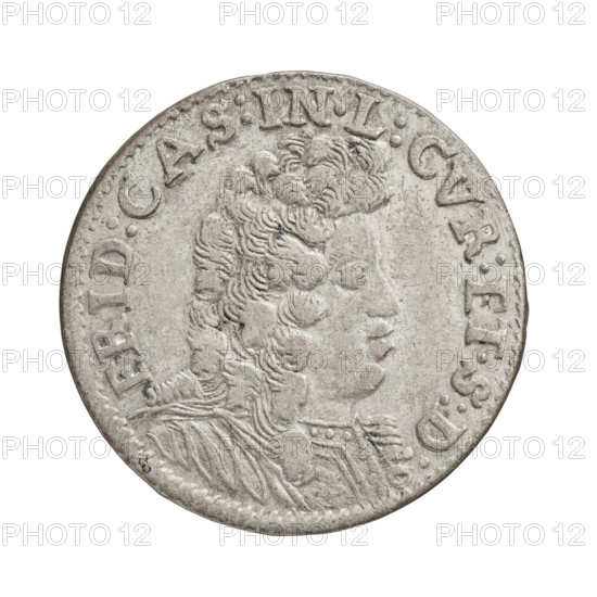Obv. In the border, a male bust in armor and a wig turned to the right, separating the inscription along the rim FRID:CAS:IN.L:CVR:ET.S:D:. Rv. In the border, in a heraldic bow, under the ducal mitre, coats of arms with the Eagle and the Pursuit. Between them at the bottom, the value numeral VI. In the rim, an inscription divided by the mitre, terminating in an armed arm COIN DVCIS CVRLAND:1694. 1694. Duchy of Courland and Semigallia, Mitawa. Coin, weight 3.24 g. Subjects: Frederick Casimir Kettler (Duke of Courland and Semigallia; 1650–1698) — iconography; princely bust; male bust in armor; portrait to the right; portraits of the ruler in rich/ceremonial armor; shields and coats of arms (White Eagle, Pogon). Makers/attribution: Wieczorek, Hille, Gustaw Adolf (fl. 1694); Szymonski, Jan (1887–1954).