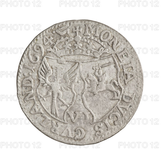 Obverse: In the border, a male bust in armor and a wig turned to the right, separating the inscription along the rim FRID:CAS:IN.L:CVR:ET.S:D:. Reverse: In the border, in a heraldic bow, under the ducal mitre, coats of arms with the White Eagle and Pogon (Pursuit). Between them at the bottom, the value numeral VI. In the rim, an inscription divided by the mitre, terminating in an armed arm COIN DVCIS CVRLAND:1694. Frederick Casimir Kettler (Duke of Courland and Semigallia; 1650–1698) — iconography. 1694. Duchy of Courland and Semigallia, Mitawa. Coin; weight 3.24 g. Makers: Wieczorek, Hille, Gustaw Adolf (fl. 1694); Szymonski, Jan (1887–1954). Subjects: princely bust; male bust in armor; portrait of the ruler to the right; portraits in ceremonial/rich armor; shields and coats of arms.