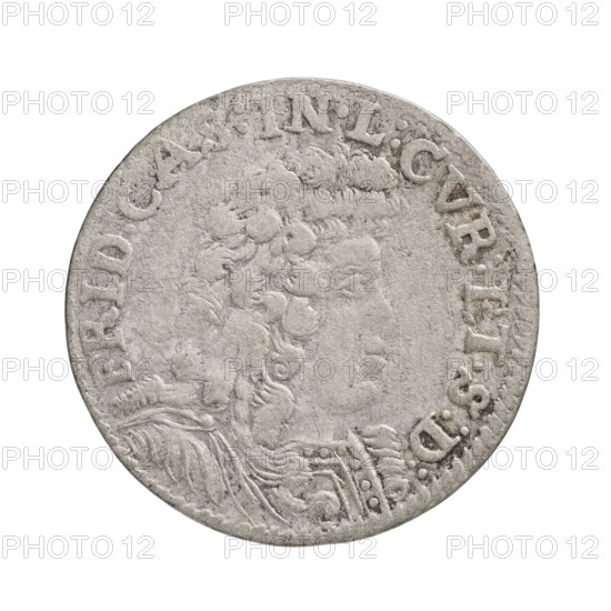 Obverse: in border, male bust in armor with wig facing right, dividing rim inscription 'FRID:CAS:IN.L:CVR:ET.S:D:'. Reverse: in border, heraldic bow under ducal mitre, coats of arms with White Eagle and Pogon (Chase), value numeral VI at bottom; rim inscription divided by the mitre ending with armed arm and 'DVCIS CVRLAND COIN:1694'. Gustaf Adolf Hille (fl. 1694) (engraver). Subject: Fryderyk Kazimierz Kettler (Duke of Courland and Semigallia; 1650–1698). Type: coin, Duchy of Courland and Semigallia, Mitawa, dated 1694. Materials/attributes: shields, princely bust in armor, portraits of ruler facing right; weight 2.57 g.