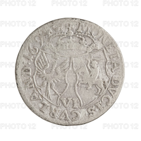 Obverse: in the border, a male bust in armor and a wig turned to the right, dividing the inscription along the rim FRID:CAS:IN.L:CVR:ET.S:D:. Reverse: in the border, in a heraldic bow under the ducal mitre, coats of arms with the White Eagle and Pogon (the Pursuit). Between them at the bottom, the value numeral VI. In the rim, an inscription divided by the mitre, ending with an armed arm DVCIS CVRLAND COIN:1694. Maker: Hille, Gustav Adolf (fl. 1694). Subject: Fryderyk Kazimierz Kettler (Duke of Courland and Semigallia; 1650–1698). Date: 1694. Medium/function: coin, Duchy of Courland and Semigallia; Mitawa. Weight: 2.57 g. Iconography: princely bust in armor, coats of arms, shields, busts of the ruler facing right, portraits of the ruler in ceremonial/rich armor; Kettlers (family).
