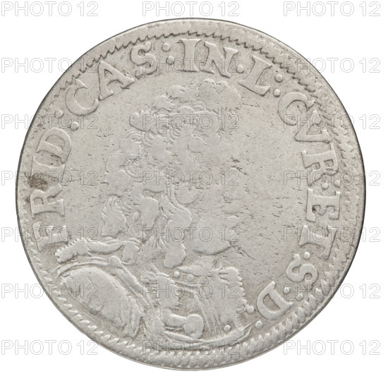 Obv. In the border a male bust in armor and a wig turned to the right, separating the inscription on the rim FRID:CAS:IN.L:CVR:ET.S:D:. Rw. In the border under the crown, separating the inscription on the rim, a four-field coat of arms shield (two Eagles and two Pursuits alternately). On both sides of the shield, numerals of values 1–8, above the numeral 1, an armed arm. Inscription: DVCIS CVRLAND COIN:94. 1694. Duchy of Courland and Semigallia, Mitawa. Coin, weight 4.99 g. Subjects/identifications: Fryderyk Kazimierz Kettler (Duke of Courland and Semigallia; 1650–1698), Kettlers (family), coats of arms, bust of ruler in armor, male portrait right, four-field coat of arms, coat of arms under a crown. R6 (rarity).