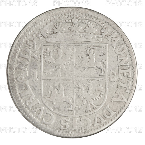 Portrait of Fryderyk Kazimierz Kettler (Duke of Courland and Semigallia; 1650–1698), male bust in armor with wig turned to the right; obverse inscription FRID:CAS:IN.L:CVR:ET.S:D:. Reverse: under a crown a four-field coat of arms (two eagles and two pursuits alternately) between numerals 1–8; above numeral 1 an armed arm; rim inscription DVCIS CVRLAND. Coin dated 1694. Duchy of Courland and Semigallia, Mitawa. Coin, weight 4.99 g. Style: princely portrait, ceremonial armor; iconography includes coats of arms, shields, and ruler's bust. R6 (rarity).