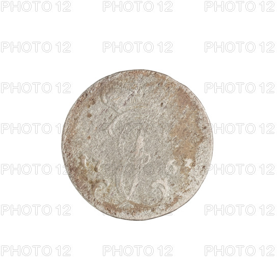 Grosz; maker: Justyn Karol Schröder (master of the Mitawa mint 1763–1764). Subject: Ernest Jan Biron (Duke of Courland and Semigallia; 1763–1769). Obverse: monogram under the ducal mitre (tied monogram composed of the letters EJ), date numerals 17 - on both sides. Reverse: under the crowned mitre separating the rim inscription, two coats of arms with the White Eagle and the Pogon (Chaser). Rim inscriptions: .ICS. in the rim MON.ARGEN, 1763–1764. Place/function: Duchy of Courland and Semigallia, Mitawa; coin. Weight: 1.24 g.