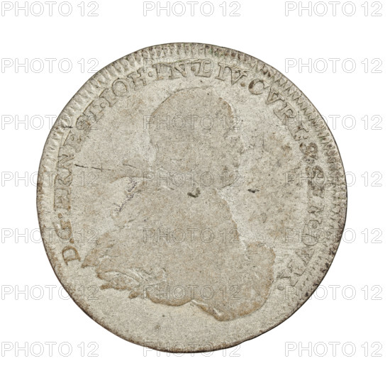 Obverse: male bust in armour and wig, turned to the right, divides an inscription in the rim; on the right shoulder the letter G; inscription: D.G.ERNEST.IOH.IN.LIV.CVRL.&.SEM.DVX. Reverse: under a crown mitre separating the rim inscription, two coats of arms with the White Eagle and the Pursuit (Chaser), below the value numeral and letters; rim inscription: MON.ARGENT.DVC,RLAND.1764. Date: 1764. Maker/associations: Graefenstein, GZ (fl. 1761), publisher; Schröder, Justyn Karol (master of the Mitawa mint 1763–1764). Subject/iconography: Ernest Jan Biron (Duke of Courland and Semigallia; 1690–1772) — princely/male busts in armour, ruler's portrait to the right; coats of arms; Biron family. Materials/format: silver coin (MON. ARGENT.), Duchy of Courland and Semigallia, Mitawa (Mint), weight 3.11 g.